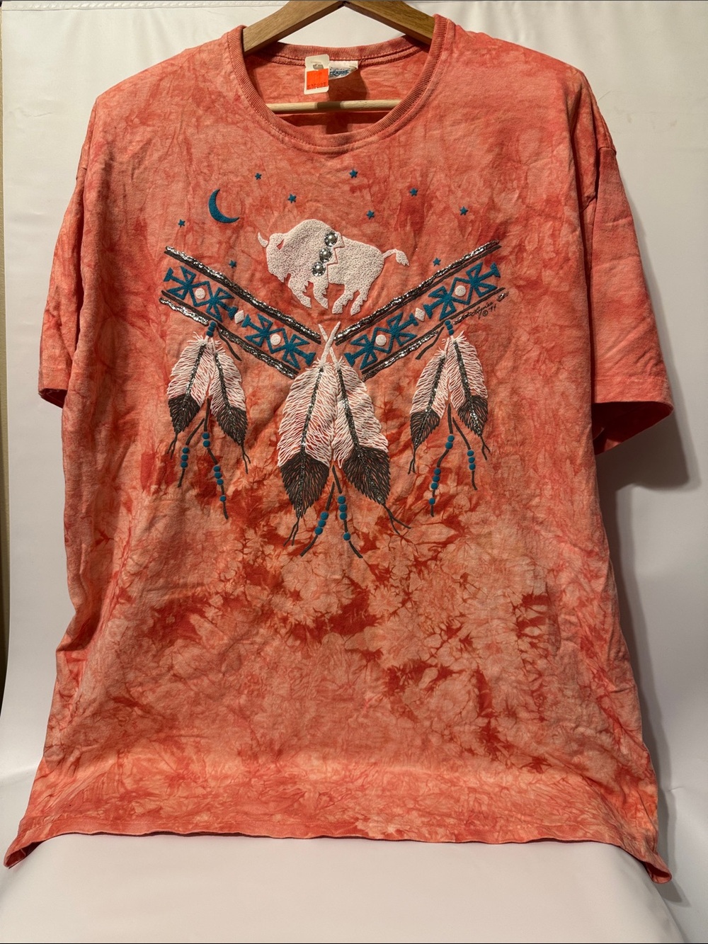Coral Tie-Dye Buffalo & Feather Graphic Tee